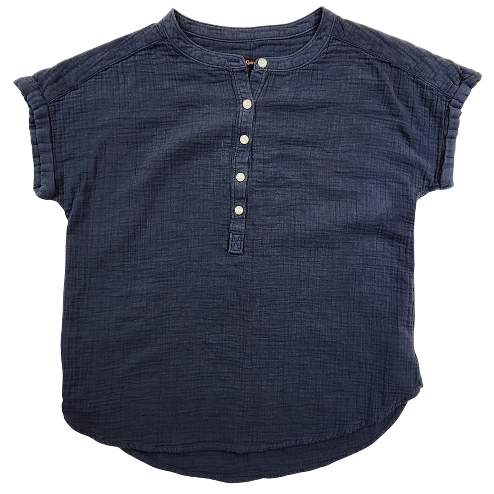 Quince Navy Blue Organic Cotton Gauze‎ Roll Sleeve Henley Top Coastal Small